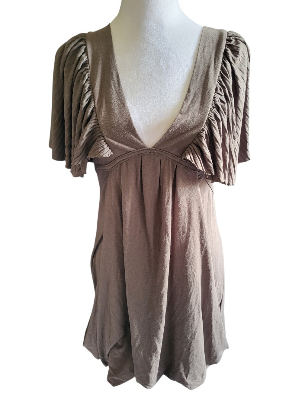 Evening Collection Pleated Sleeve V-Neck Dress Brown sz S